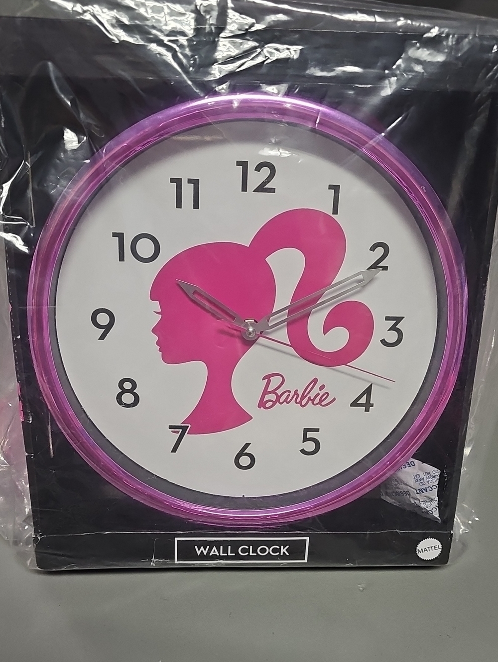 NIB Barbie Pink Silhoutte Chrome 12 Inch Round Wall Clock Mattel Home Work Decor